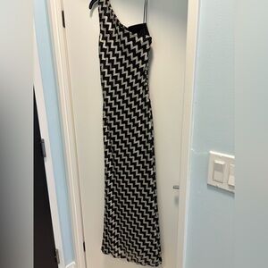 Cachet One-Shoulder Black and Silver Evening Gown